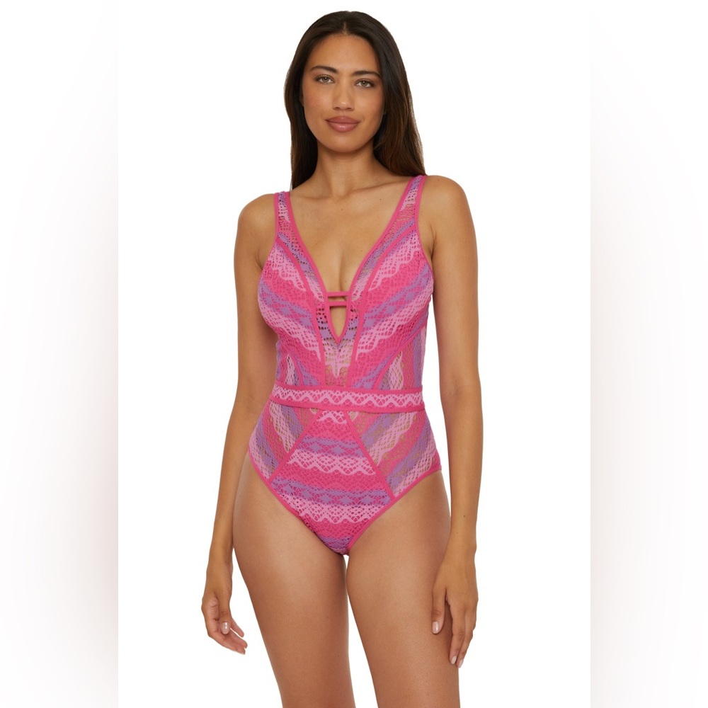 BECCA Pink Lace Plunge One-Piece Swimsuit